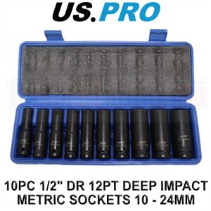 US PRO Tools 10PC 1/2" DR 12PT Deep Impact Metric Sockets 10 - 24mm 7540 US PRO Tools 10PC 1/2" DR 12PT Deep Impact Metric Sockets 10 - 24mm 7540