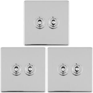 Loops 3 PACK 2 Gang Double Retro Toggle Light Switch SCREWLESS CHROME 10A 2 Way Plate Loops 3 PACK 2 Gang Double Retro Toggle Light Switch SCREWLESS CHROME 10A 2 Way Plate