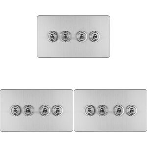 Loops 3 PACK 4 Gang Quad Retro Toggle Light Switch SCREWLESS SATIN STEEL 10A 2 Way Loops 3 PACK 4 Gang Quad Retro Toggle Light Switch SCREWLESS SATIN STEEL 10A 2 Way
