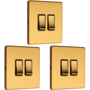 Loops 3 PACK 2 Gang Double Light Switch SCREWLESS SATIN BRASS 2 Way 10A Slim Rocker Loops 3 PACK 2 Gang Double Light Switch SCREWLESS SATIN BRASS 2 Way 10A Slim Rocker