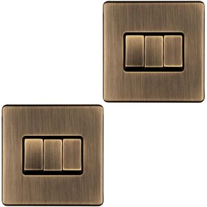 Loops 2 PACK 3 Gang Triple Light Switch SCREWLESS ANTIQUE BRASS 2 Way 10A Slim Rocker Loops 2 PACK 3 Gang Triple Light Switch SCREWLESS ANTIQUE BRASS 2 Way 10A Slim Rocker
