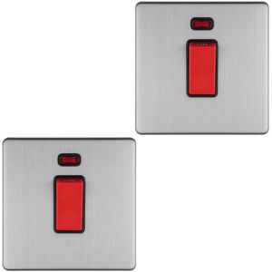 Loops 2 PACK 1 Gang Single 45A DP Cooker Switch & Neon SCREWLESS SATIN STEEL Rocker Loops 2 PACK 1 Gang Single 45A DP Cooker Switch & Neon SCREWLESS SATIN STEEL Rocker