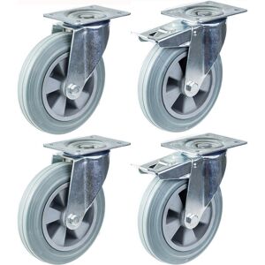 Parnells 200mm 8" castor grey rubber tyre swivel & brake strong 820kg capacity, set of 4 Parnells 200mm 8" castor grey rubber tyre swivel & brake strong 820kg capacity, set of 4