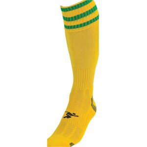 Loops JUNIOR Size 12-2 Pro 3 Stripe Football Socks - YELLOW/GREEN - Contoured Ankle Loops JUNIOR Size 12-2 Pro 3 Stripe Football Socks - YELLOW/GREEN - Contoured Ankle