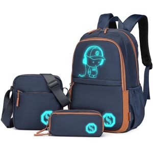 KONO (Navy and Brown) Children 3-Piece Glow-In-The-Dark School Backpack Set With Cro KONO (Navy and Brown) Children 3-Piece Glow-In-The-Dark School Backpack Set With Cro