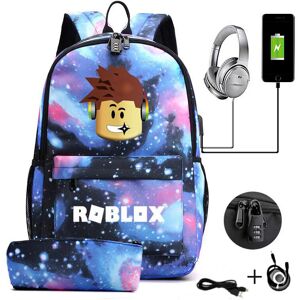 Umnuou (Sky Blue) 4Pcs/set Cartoon Roblox Schoolbag Usb Gamer Backpack Kids Umnuou (Sky Blue) 4Pcs/set Cartoon Roblox Schoolbag Usb Gamer Backpack Kids