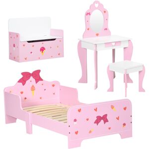ZONEKIZ 4PCs Kids Bedroom Furniture Set W/ Bed, Toy Box, Dressing Table, Pink ZONEKIZ 4PCs Kids Bedroom Furniture Set W/ Bed, Toy Box, Dressing Table, Pink