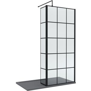 Balterley 8mm Glass Walk In Wetroom Screen and Hinged Return Black Framed Design and Grey Balterley 8mm Glass Walk In Wetroom Screen and Hinged Return Black Framed Design and Grey