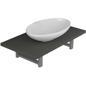 vidaXL Grey Ceramic Oval Bathroom Basin with Wall Shelf - Bathroom Basin vidaXL Grey Ceramic Oval Bathroom Basin with Wall Shelf - Bathroom Basin