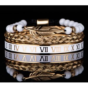 Unbranded (feather1) White Bead Bracelet Set with Enamel Stainless Steel Roman Numeral Ban Unbranded (feather1) White Bead Bracelet Set with Enamel Stainless Steel Roman Numeral Ban