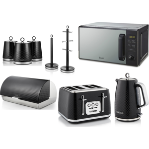 Swan Elegance Black Kettle Toaster Microwave & Kitchen Storage Set Swan Elegance Black Kettle Toaster Microwave & Kitchen Storage Set