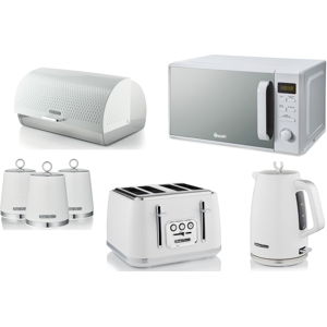 Swan Elegance White Kettle Toaster Microwave Breadbin & Canisters Set Swan Elegance White Kettle Toaster Microwave Breadbin & Canisters Set