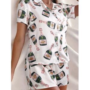 Unbranded (S) Champagne Bottles Button Pajama Set Women Printed Short Sleeve 2 Pieces Soft Unbranded (S) Champagne Bottles Button Pajama Set Women Printed Short Sleeve 2 Pieces Soft