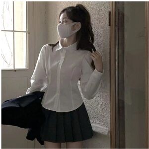 Maxpower (WHITE, M) Women's White Shirt Korean Preppy Style Long Sleeve Turndown Collar B Maxpower (WHITE, M) Women's White Shirt Korean Preppy Style Long Sleeve Turndown Collar B