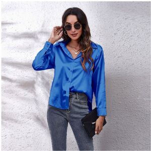 Maxpower (Sapphire Blue, XL) 17 Color Option Women's Satin Blouse Tops Summer Fashion Fem Maxpower (Sapphire Blue, XL) 17 Color Option Women's Satin Blouse Tops Summer Fashion Fem