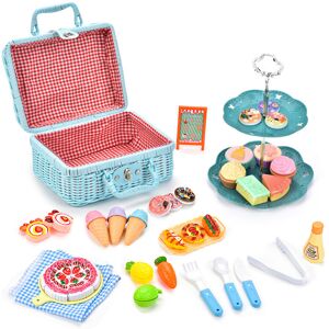 Unbranded (Blue Set) Fun 43 Piece Kids Picnic Basket Play Set With Realistic Food Items In Unbranded (Blue Set) Fun 43 Piece Kids Picnic Basket Play Set With Realistic Food Items In