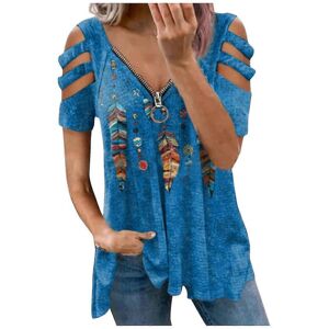 Unbranded (S, Blue) Women Summer Tops V-neck Zipper Cool T-shirt Strapless Short Sleeve Lo Unbranded (S, Blue) Women Summer Tops V-neck Zipper Cool T-shirt Strapless Short Sleeve Lo