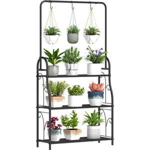 Outsunny 3 Tier Plant Stand w/ Hanging Hooks for Balcony Living Room, Black Outsunny 3 Tier Plant Stand w/ Hanging Hooks for Balcony Living Room, Black