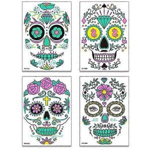 Unbranded (As show, One size) Halloween Tattoo, 4 Pieces Day of the Dead Full Face Tempora Unbranded (As show, One size) Halloween Tattoo, 4 Pieces Day of the Dead Full Face Tempora