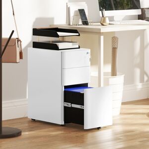 Vinsetto Steel Filing Cabinet with Lock and Wheels for Home Office, White Vinsetto Steel Filing Cabinet with Lock and Wheels for Home Office, White