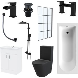 Nes Home Black Toilet Vanity Bathroom Suite with Bath & Black Grid Bath Screen Nes Home Black Toilet Vanity Bathroom Suite with Bath & Black Grid Bath Screen