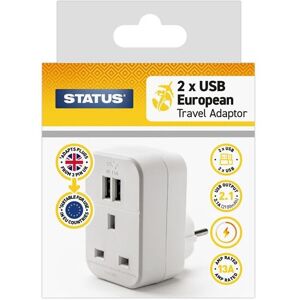 STATUS UK to EU European Plug with USB Port Adapter, 3 Pin to 2 Pin Eu STATUS UK to EU European Plug with USB Port Adapter, 3 Pin to 2 Pin Eu