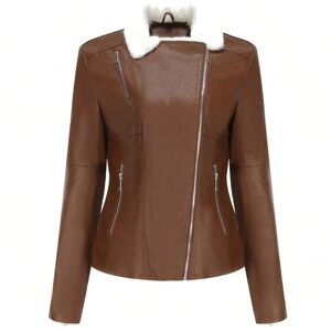Gaatpot (Brown, M) Women's fur and leather jacket with velvet and long sleeves for warmt Gaatpot (Brown, M) Women's fur and leather jacket with velvet and long sleeves for warmt