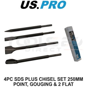 US PRO Tools 4PC SDS Plus Chisel Set 250MM - Point, Gouging & 2 Flat 7218 US PRO Tools 4PC SDS Plus Chisel Set 250MM - Point, Gouging & 2 Flat 7218