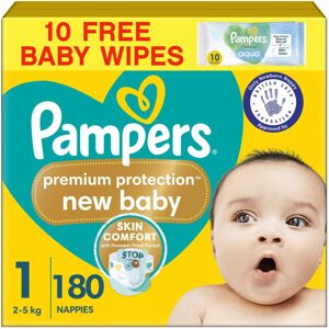 Pampers Premium Protection New Baby Size 1, 180 Nappies, 2kg-5kg, Monthly Pack + Pampers Premium Protection New Baby Size 1, 180 Nappies, 2kg-5kg, Monthly Pack +