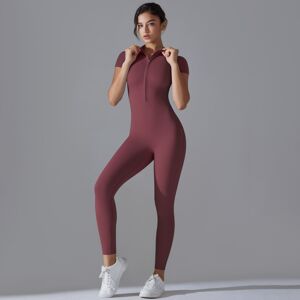 Unbranded (Maroon red, L) Solid color zipper tight high-elastic short-sleeved jumpsuit spo Unbranded (Maroon red, L) Solid color zipper tight high-elastic short-sleeved jumpsuit spo