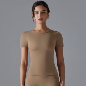 Unbranded (Short sleeves-cocoa color, S) Solid color double-sided brushed high-elastic tig Unbranded (Short sleeves-cocoa color, S) Solid color double-sided brushed high-elastic tig