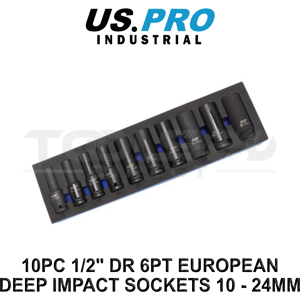 US PRO INDUSTRIAL 10pc 1/2" DR 6PT European Deep Impact Sockets 10 - 24mm 3952 US PRO INDUSTRIAL 10pc 1/2" DR 6PT European Deep Impact Sockets 10 - 24mm 3952
