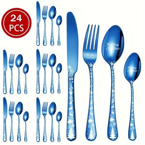Unbranded (Blue, 24pcs-6 servings) Merry Christmas Stainless Steel Flatware Set - Includes Unbranded (Blue, 24pcs-6 servings) Merry Christmas Stainless Steel Flatware Set - Includes