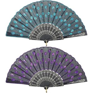 Kikidex (As show, One size) 2 Pieces of Sequin Fabric Folding Fans Embroidered Flower La Kikidex (As show, One size) 2 Pieces of Sequin Fabric Folding Fans Embroidered Flower La