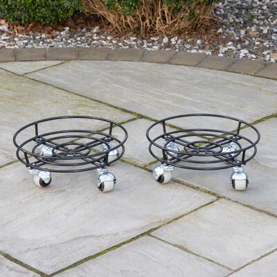 Samuel Alexander 2 Pack of 32cm Black Metal Garden Flower Plant Pot Trolley on Castor Wheels Samuel Alexander 2 Pack of 32cm Black Metal Garden Flower Plant Pot Trolley on Castor Wheels