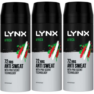 3 x Lynx 72hrs Anti Sweat Anti-Perspirant Body Spray 150ml - Africa 3 x Lynx 72hrs Anti Sweat Anti-Perspirant Body Spray 150ml - Africa