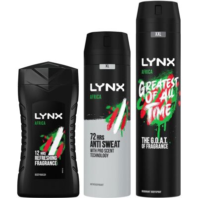 Lynx Africa 3 Pack Bundle of 200ml Anti-Perspirant Aerosol, 250ml XXL Body Spray Lynx Africa 3 Pack Bundle of 200ml Anti-Perspirant Aerosol, 250ml XXL Body Spray