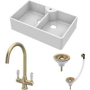 Balterley Fireclay 895mm Double Bowl Butler Kitchen Sink Bundle - 1 Tap Hole, Wastes & Mon Balterley Fireclay 895mm Double Bowl Butler Kitchen Sink Bundle - 1 Tap Hole, Wastes & Mon