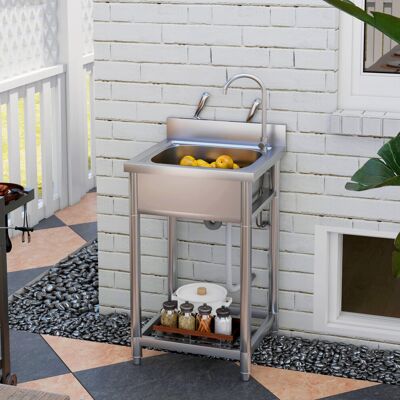 HOMCOM Stainless Steel Utility Sink with Cold and Hot Water Pipe Silver Tone HOMCOM Stainless Steel Utility Sink with Cold and Hot Water Pipe Silver Tone