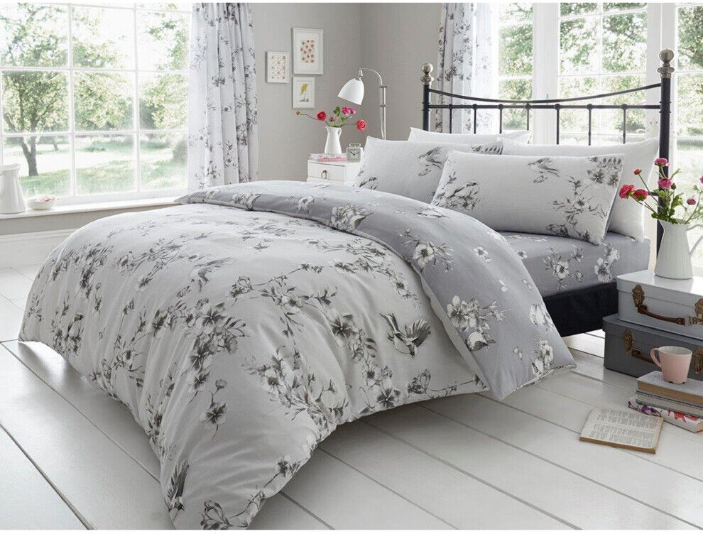 Gaveno Cavailia (King, Grey) Birdie Blossom Floral Duvet Covet Bedding Set