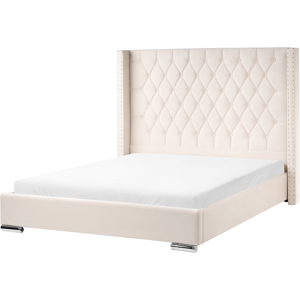 Beliani Bed Frame Off-White Velvet 5ft3 EU Double Size Upholstered Tufted Headrest Nailhead Trim Glam - Bed Frame Beliani Bed Frame Off-White Velvet 5ft3 EU Double Size Upholstered Tufted Headrest Nailhead Trim Glam - Bed Frame