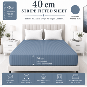 Imperial Rooms (Single, Washed Blue) Stripe Fitted Bed Sheet 40CM Deep-Extra Deep Hotel Quality Imperial Rooms (Single, Washed Blue) Stripe Fitted Bed Sheet 40CM Deep-Extra Deep Hotel Quality