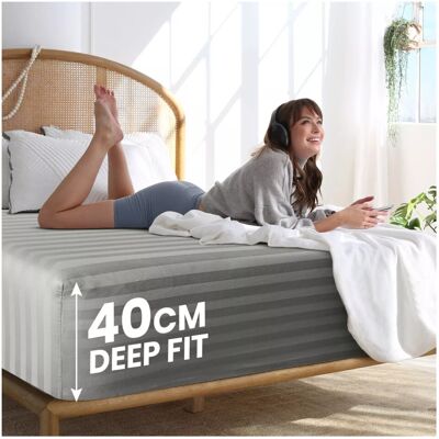 SUPREME BEDDING LTD (King Fitted Bed Sheet) Microfiber Fitted Sheet Grey Stripe 40CM Bedsheet SUPREME BEDDING LTD (King Fitted Bed Sheet) Microfiber Fitted Sheet Grey Stripe 40CM Bedsheet