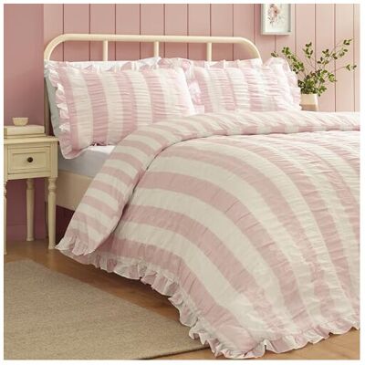 Catherine Lansfield Seersucker Frill Stripe Single Duvet Cover Set with Pillowca Catherine Lansfield Seersucker Frill Stripe Single Duvet Cover Set with Pillowca