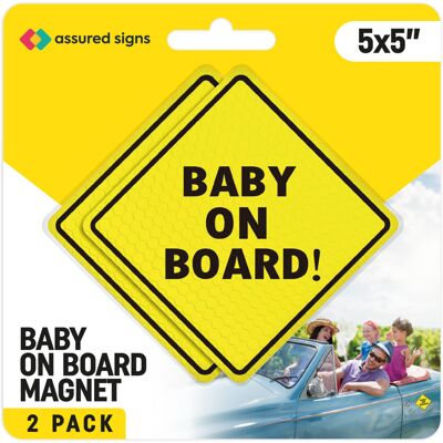 ASSURED SIGNS Baby On Board Magnet for Car - Essential Magnetic Sticker Sign for Bumper - 2 Pa ASSURED SIGNS Baby On Board Magnet for Car - Essential Magnetic Sticker Sign for Bumper - 2 Pa