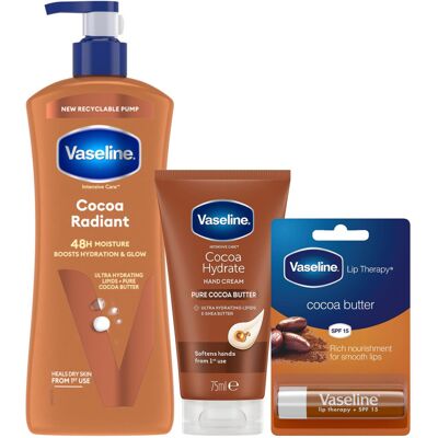Vaseline Cocoa Radiant Bundle Body Lotion 600ml Hand Cream 75ml Lip Therapy 4gm Vaseline Cocoa Radiant Bundle Body Lotion 600ml Hand Cream 75ml Lip Therapy 4gm
