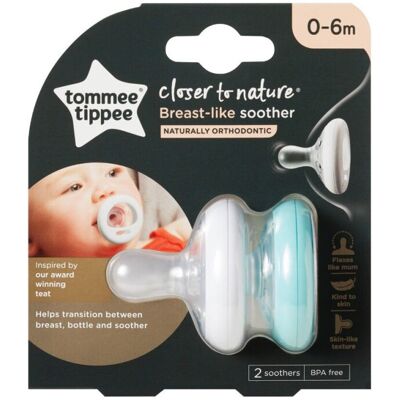 Tommee Tippee Breast-Like Silicone Soother 0-6m Pack of 2 - Skin-Like Texture wi Tommee Tippee Breast-Like Silicone Soother 0-6m Pack of 2 - Skin-Like Texture wi