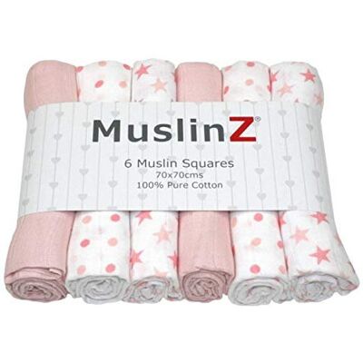 MuslinZ 6-Pack Baby Muslin Squares Burp Cloths 100% Cotton, 70x70cm, Pink Stars MuslinZ 6-Pack Baby Muslin Squares Burp Cloths 100% Cotton, 70x70cm, Pink Stars