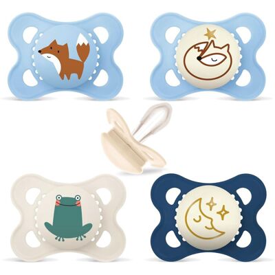 MAM Day & Night silicone pacifier 0-6 boy, set of 4 2 sterilized razor boxes. MAM Day & Night silicone pacifier 0-6 boy, set of 4 2 sterilized razor boxes.