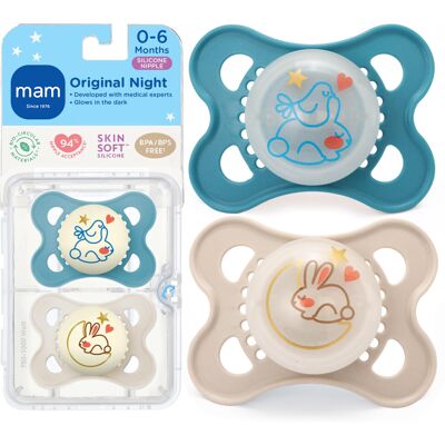 MAM Night Glow in the Dark Silicone Pacifier, Blue, 2-Count MAM Night Glow in the Dark Silicone Pacifier, Blue, 2-Count